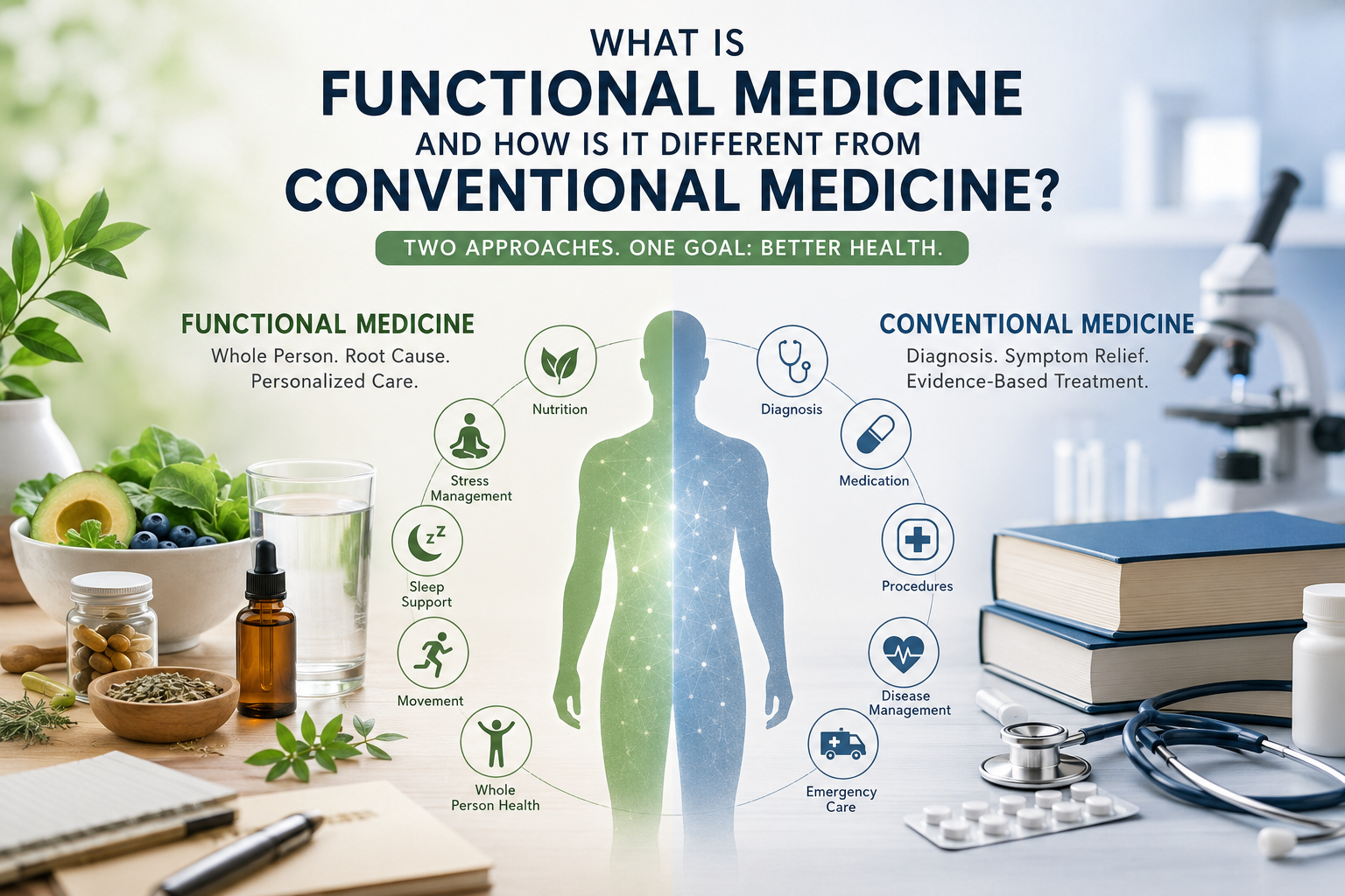Functional medicine and conventional medicine comparison showing personalized whole person care and established medical treatment